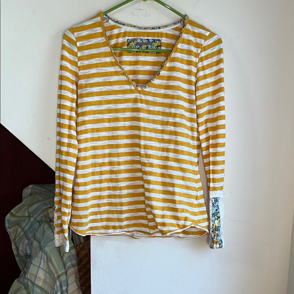 Striped Yellow and White Women's Long Sleeve Top with‎ Lace
